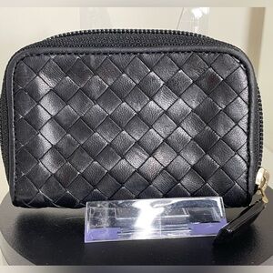 BOTTEGA VENETA Grosgrain Intrecciato Zip Around Coin Pouch Argento Black